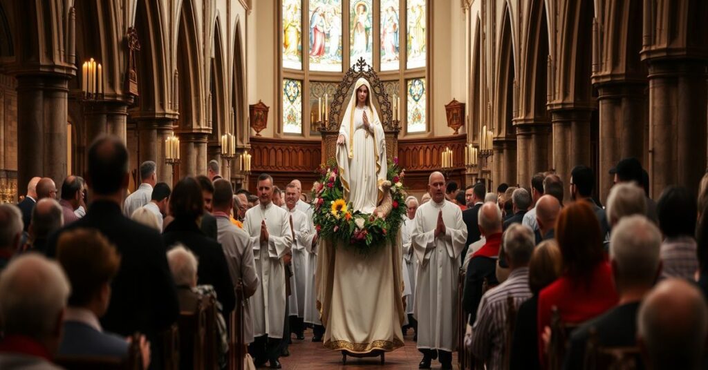 Tradycyjna katolicka procesja z figurą Matki Boskiej Fatimskiej w historycznej świątyni