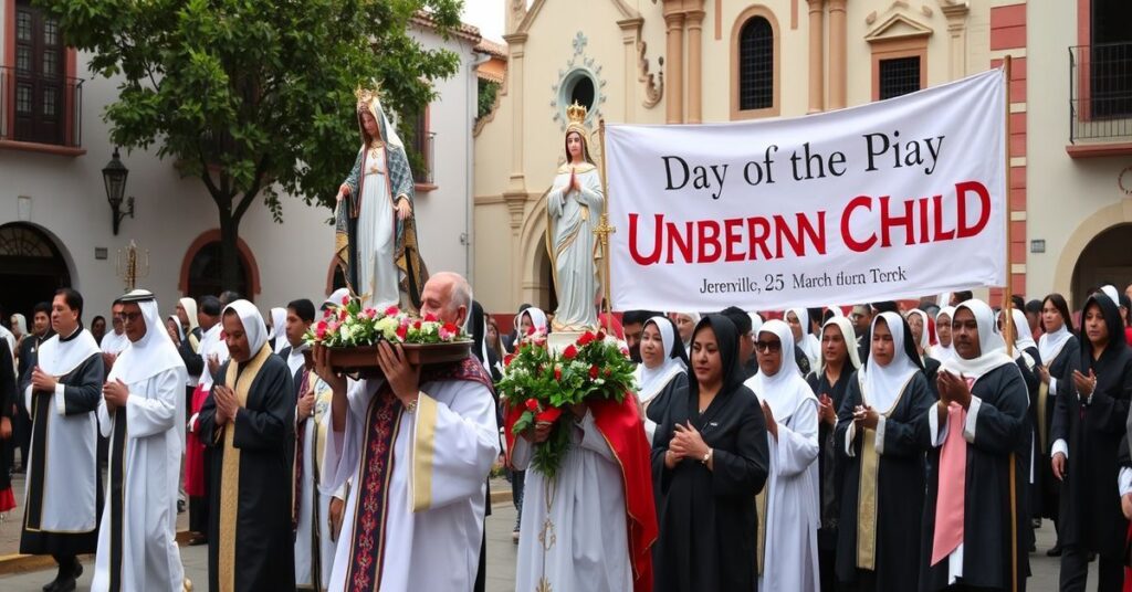 Katolicka procesja w Meksyku z figurą Matki Boskiej i transparentem „Dzień Nienarodzonego Dziecka”.