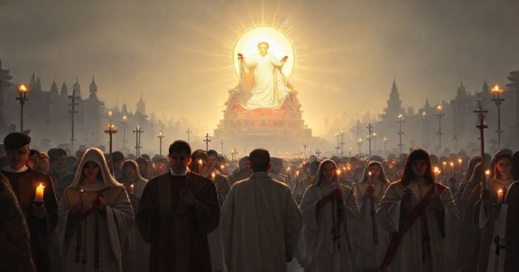 Procesja katolicka modlących się wiernych z krzyżem i różańcami, symbolizująca oczekiwaną pokutę i uczenie się z tragedii