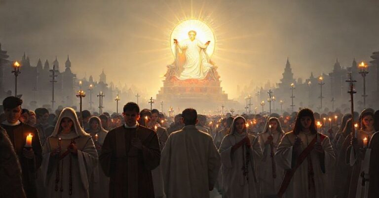 Procesja katolicka modlących się wiernych z krzyżem i różańcami, symbolizująca oczekiwaną pokutę i uczenie się z tragedii