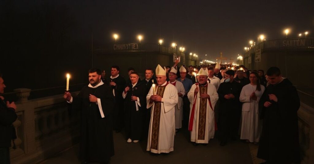 Procesja katolicka na mostie granicznym z krzyżami i transparentami 'Chrystus Królem', podkreślająca odrębność doktrynalną od ekumenizmu