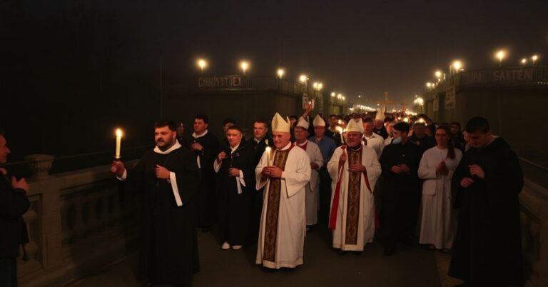 Procesja katolicka na mostie granicznym z krzyżami i transparentami 'Chrystus Królem', podkreślająca odrębność doktrynalną od ekumenizmu