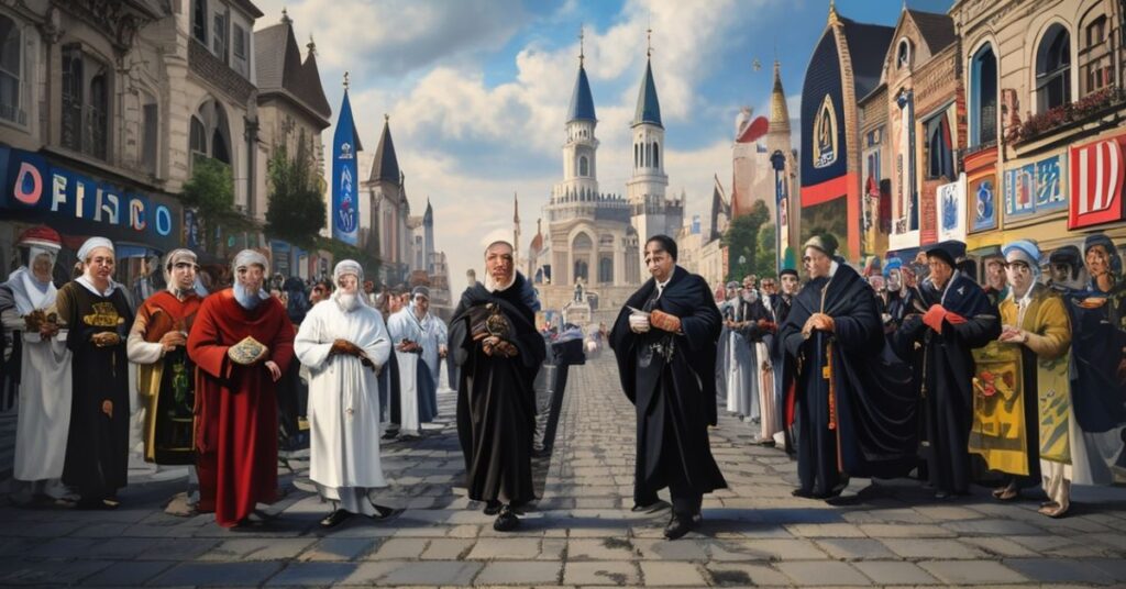 Pielgrzymi katolickie modląc się z różańcem w tradycyjnych szatach liturgicznych na tle politycznego zgromadzenia z Donalidem Trumpem i przywódcami świata