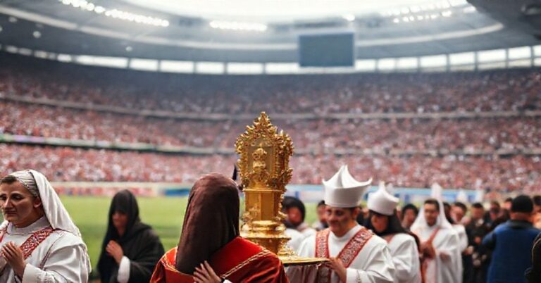 Tradyzcyjna katolicka procesja z Najświętszym Sakramentem na tle współczesnego stadionu piłkarskiego