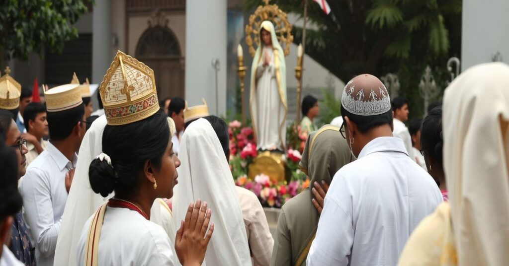 Procesja katolicka w Nabai Battala w Bangladeszu z wiernymi modlącymi się przed posągiem Maryi