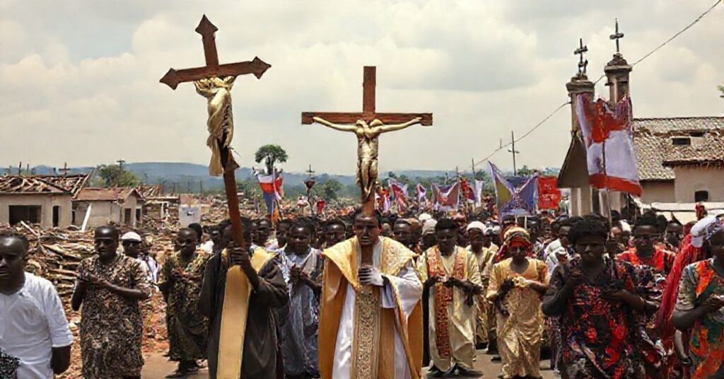 Procesja katolicka w Nigerii z wielkim krucyfiksem i zniszczonymi kościołami w tle.