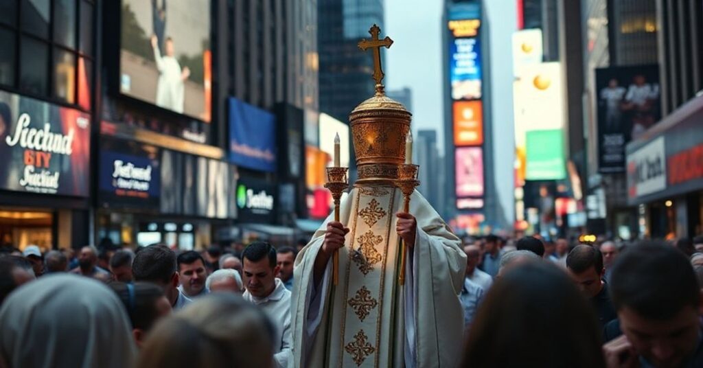 Procesja katolicka w Nowym Jorku z Najświętszym Sakramentem w centrum Times Square