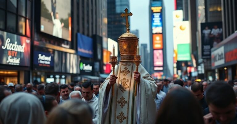 Procesja katolicka w Nowym Jorku z Najświętszym Sakramentem w centrum Times Square