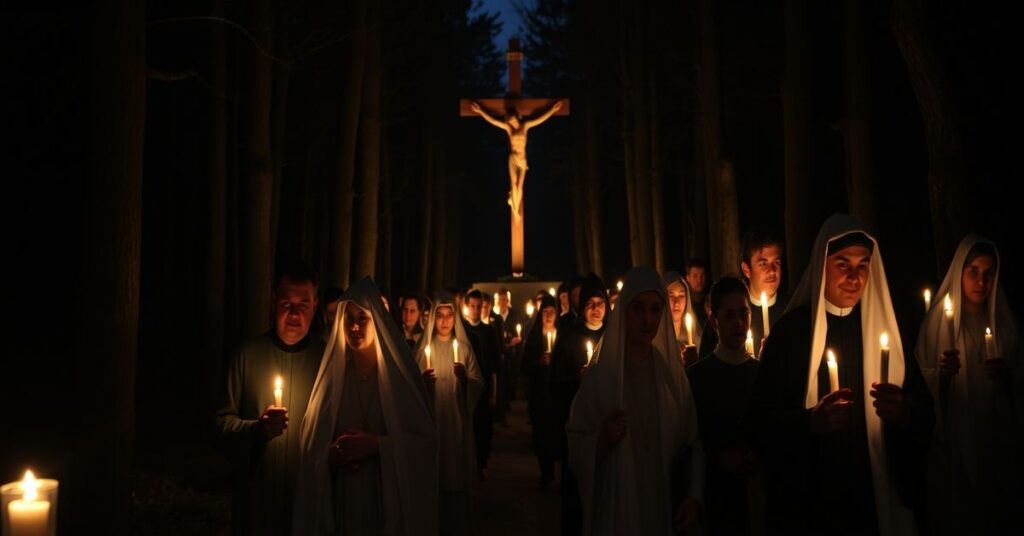 Pielgrzymi katolickie idą nocą przez las z kandelabrami i krzyżem na tle ogólnej apostazji duchowej