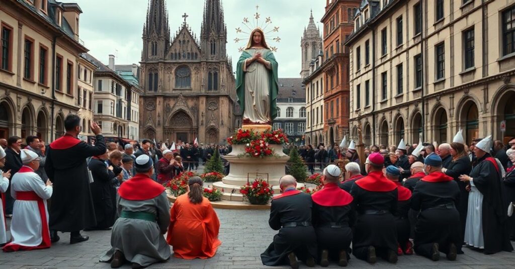 Tradycyjna katolicka procesja z modlącymi się wiernymi przed figurą Niepokalanego Serca Maryi na tle gotyckich katedr