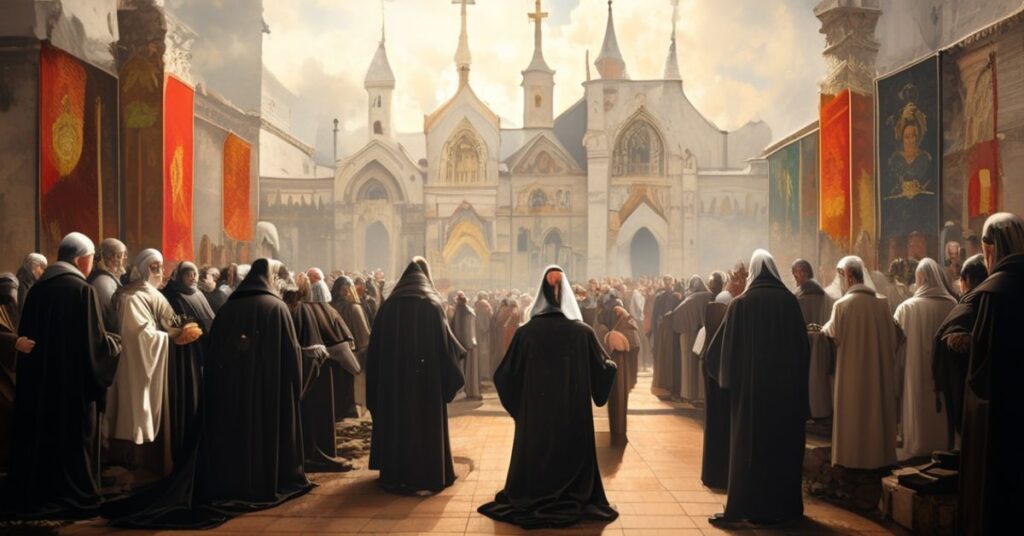 Procesja katolicka w tradycyjnym otoczeniu z modlącymi się ludźmi przed kościołem.