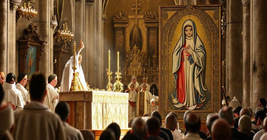 Tradycyjna katolicka procesja z ikonami i duchowieństwem w ornatach przed kościołem z pielgrzymami z Rosji modlącymi się na kolanach. Na tle widoczna jest duża ikona Najświętszej Maryi Panny Fatimskiej.