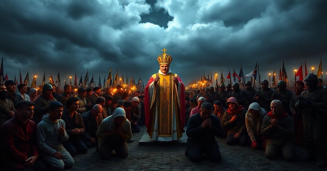 Procesja katolicka pod burzliwym niebem z biskupem trzymającym monstrans, symbolizująca odrzucenie pax Christi przez współczesne mocarstwa militarne.