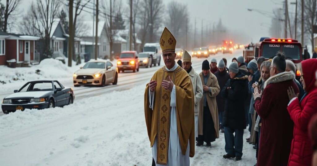 Przesuwająca się procesja katolicka w śniegach z Najświętszym Sakramentem pod przewodnictwem kapłana w habitacie, otoczona modłami wiernych przed tłem zamarzniętego krajobrazu wschodnich Stanów Zjednoczonych.