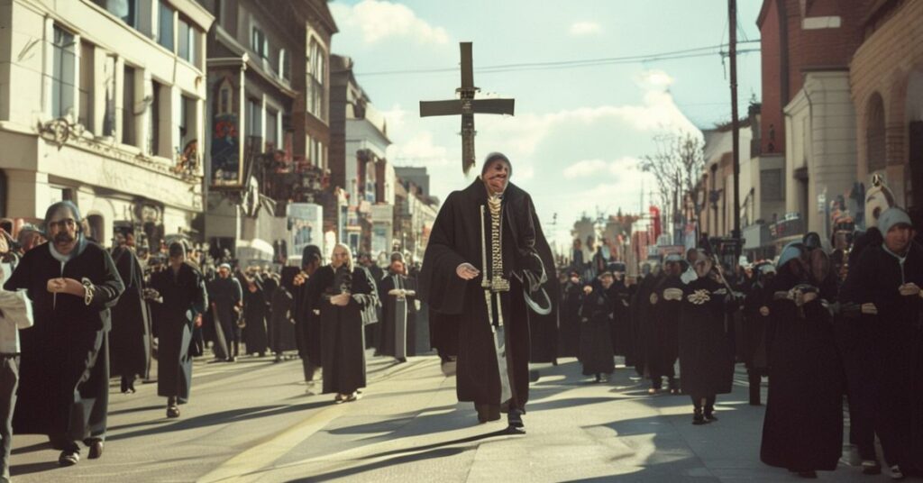 Powrót do tradycyjnego katolickiego aktywizmu pro-life z udziałem Randalla Terry'ego i innych katolików w procesji pokutnej z krzyżem.