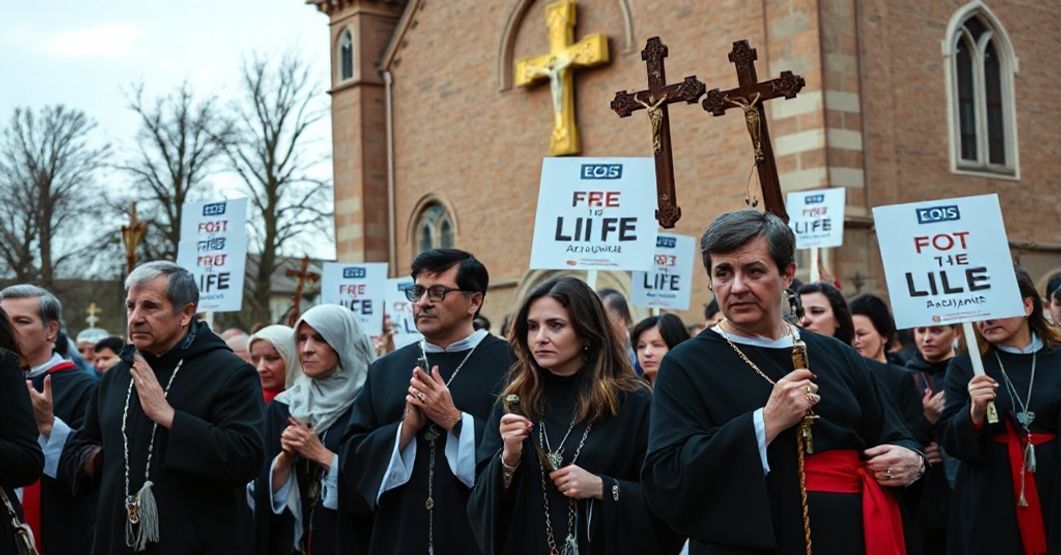 Katolicka obrona życia - tradycyjna procesja modlitewna Procesja katolicka z rodzinami modlącymi się z różańcem na tle tradycyjnego kościoła