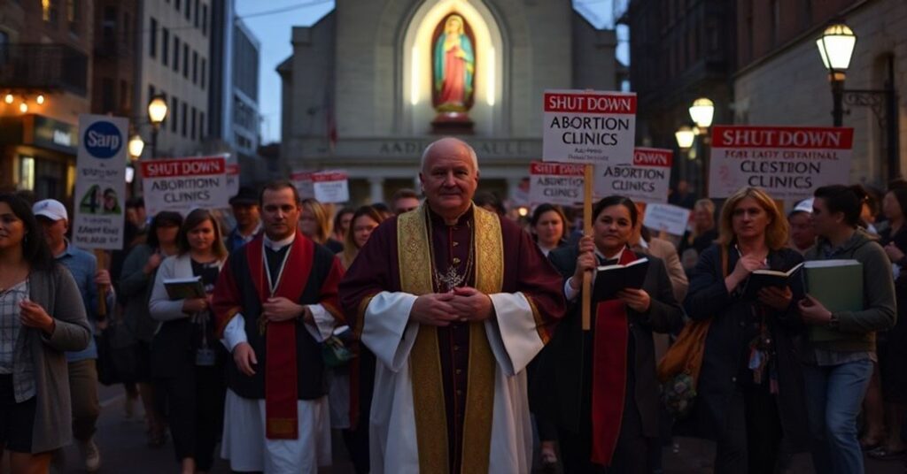 Pogrzebowa procesja katolicka przed zamkniętymi klinikami aborcyjnymi w USA, z modlącymi się ludźmi i księdzem w tradycyjnych szatach liturgicznych.
