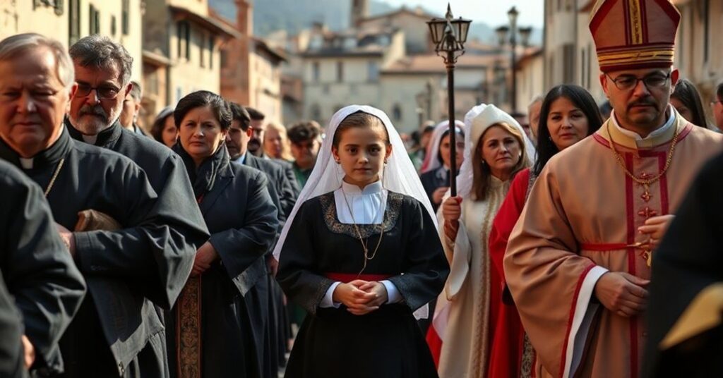 Procesja katolicka z młodą dziewczynką w stroju tradycyjnym otoczona przez zmartwionych rodziców i duchowieństwo, na tle włoskiego miasta, ilustrująca moralny kryzys spowodowany decyzją sądu o zatwierdzeniu przejścia płciowego dla 13-letniej dziewczynki