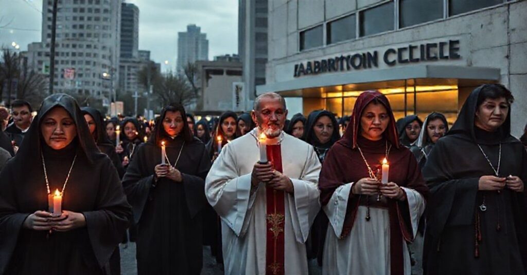 Pielgrzymka katolicka z tradycyjnymi habitami przed kliniką aborcyjną - symboliczna walka o życie