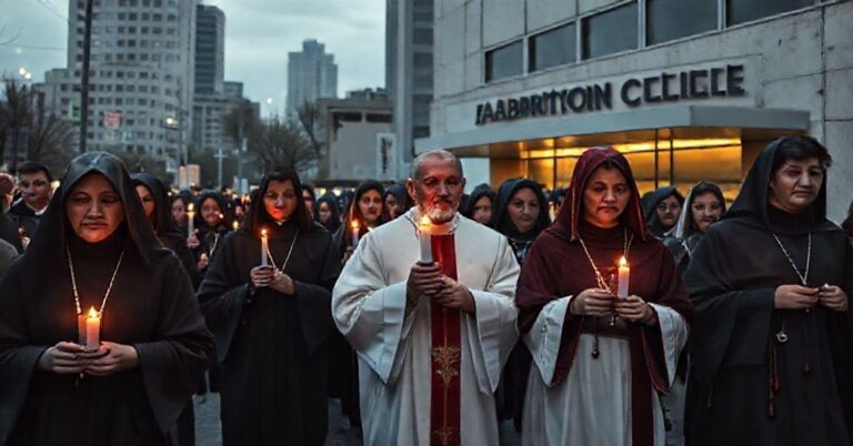 Pielgrzymka katolicka z tradycyjnymi habitami przed kliniką aborcyjną - symboliczna walka o życie
