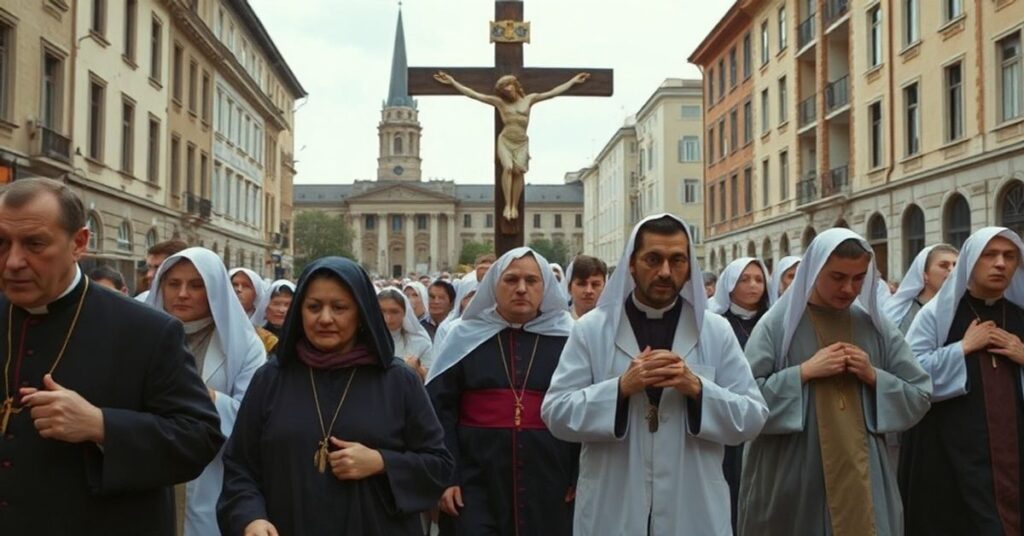 Pielgrzymka katolicka przeciwko aborcji w mieście z krzyżem i kapłanami w sutannach