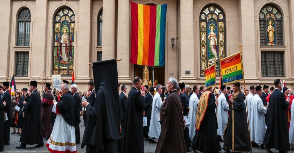 Katolicyk procesji z transparentami 'Chrystus Król' i 'Zdrój Prawdy' przechodzą obok budynku rządowego z flagą tęczy.