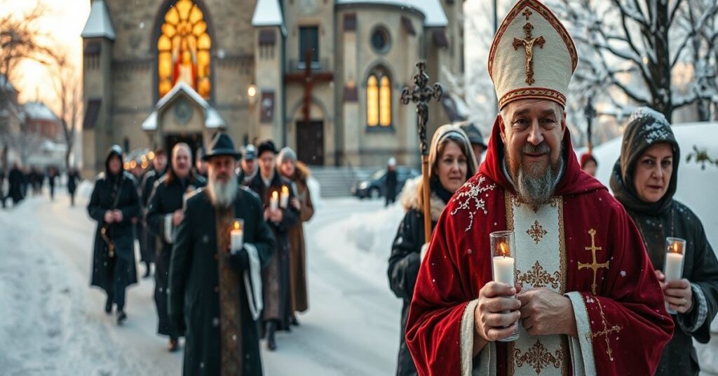 Tradycyjny katolicki procesja przeciw mroźnej pogodzie w Suwałkach