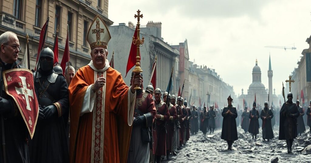 Procesja katolicka pod przewodnictwem biskupa z Najświętszym Sakramentem w Europie zniszczonej przez polityczny naturalizm