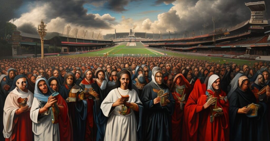 Grupa katolików modli się w trakcie procesji religijnej przed tłem stadionu Super Bowl LX podczas kontrowersyjnego występu Bad Bunny'ego.