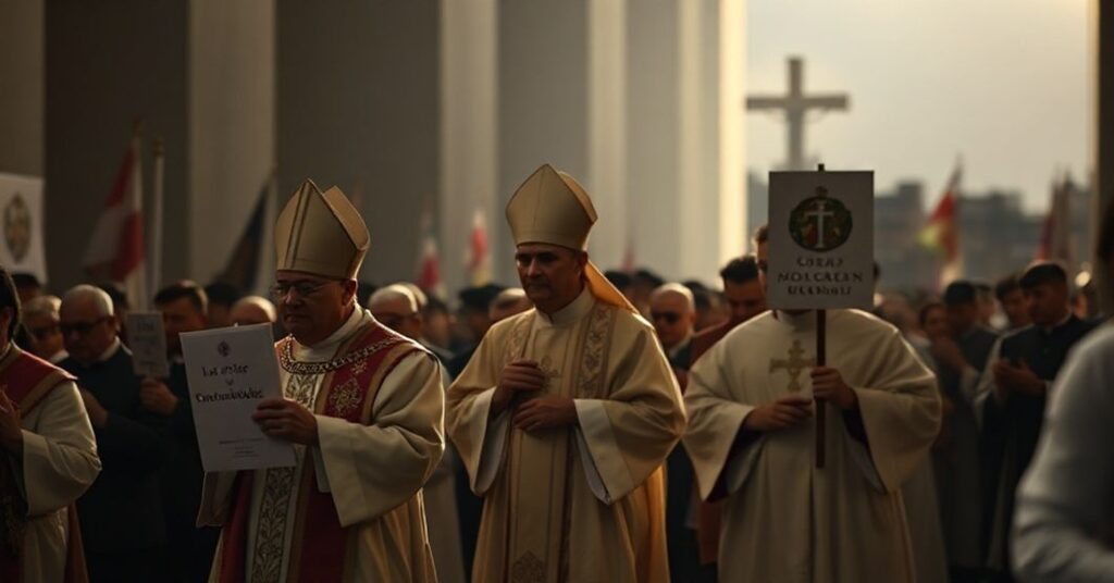 Procesja katolicka z klerykiem w pełnym stroju liturgicznym na pierwszym planie, z oddalonym wizerunkiem Marii Coriny Machado otoczonej symbolami światowymi na tle.
