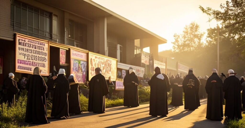Procesja katolicka przeciwko Planned Parenthood z kapłanami w tradycyjnych habitach i wiernymi modlącymi się przed zamkniętym ośrodkiem aborcji