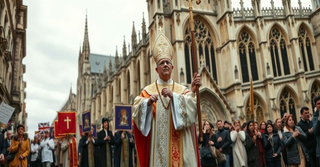 Procesja katolicka przed gotyckim kościołem - symbolizuje duchowe królestwo Chrystusa w odpowiedzi na sekularyzację polityki.