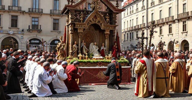 Procesja katolicka przed pogańskim ołtarzem w mieście Łotwy, symbolizująca walkę wiary z apostazją państwową.