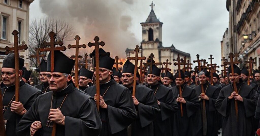 Pielgrzymi katolicy w tradycyjnych szatach przechodzą obok spalonego kościoła w Europie, symbolizując opór przeciwko apostazji i przemocy wobec chrześcijan.