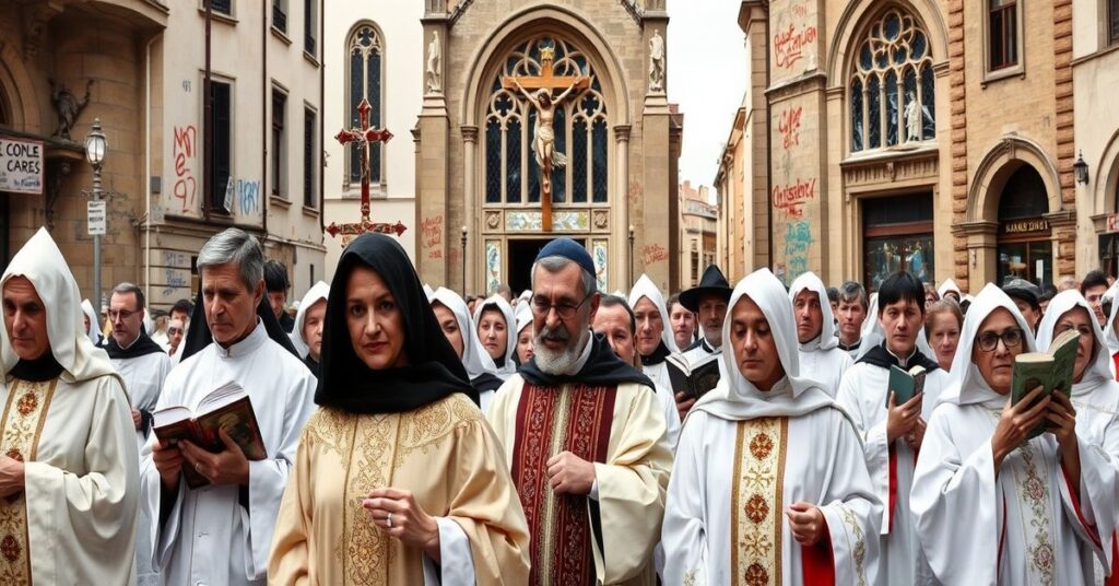 Procesja katolicka w tradycyjnych strojach z krzyżem i księżami modlitewnymi, przemieszczająca się po europejskim placu z zdewastowanym kościołem w tle.