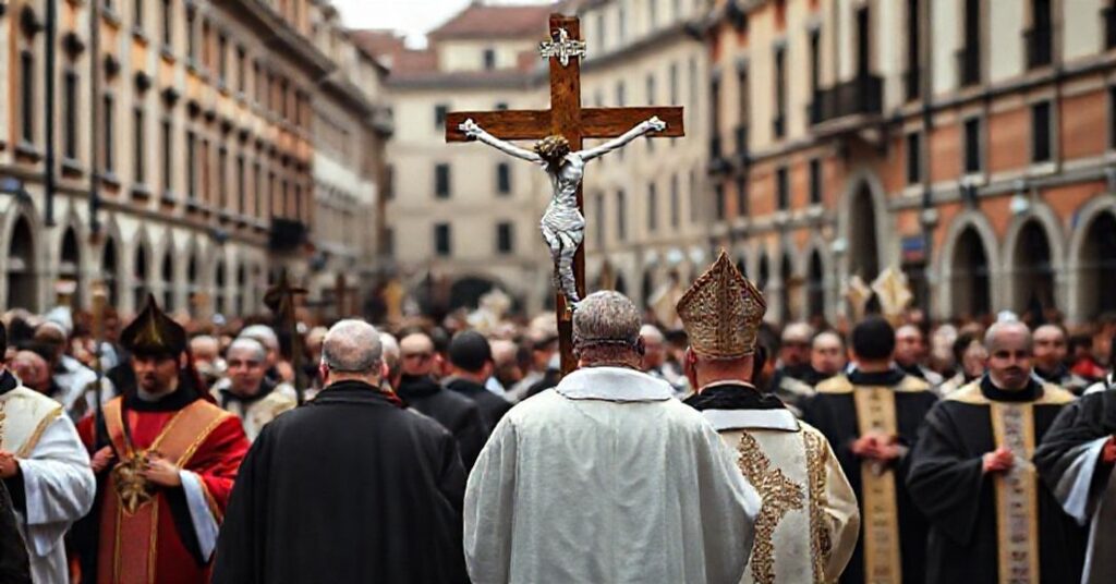 Tradycyjny katolicki procesja z krzyżem i kapłanami w szatach liturgicznych marsz w historycznym europejskim placu, refleksja nad prześladowaniami chrześcijan.