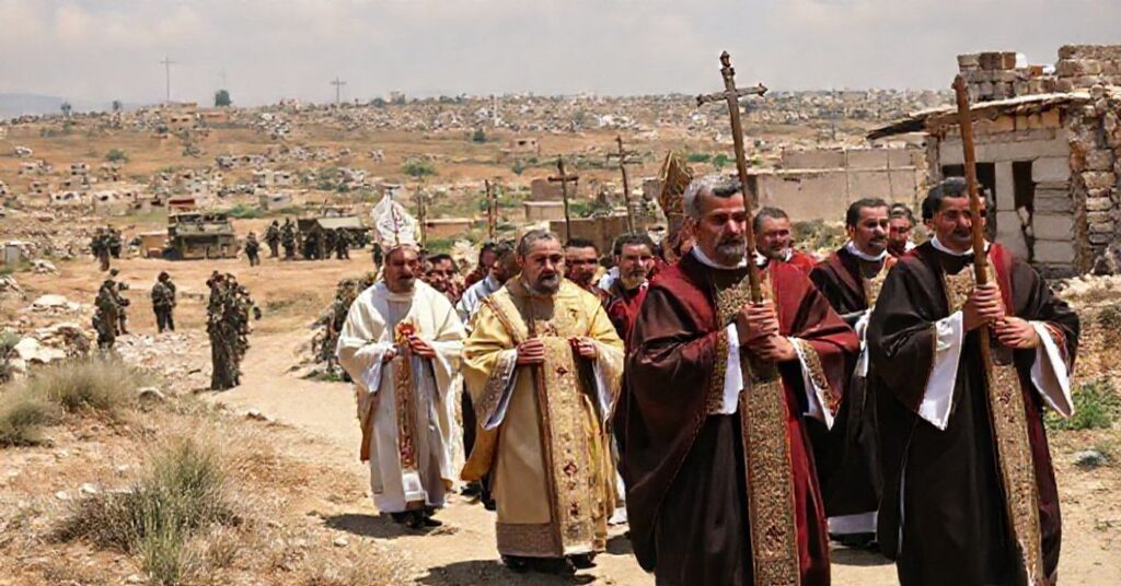 Procesja katolicka w Samarii z lokalnymi chrześcijanami w tle konfliktu zbrojnego