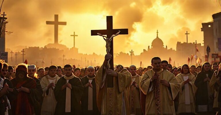 Procesja katolicka w Serbii z modlącymi się ludźmi i księdzem z krzyżem, na tle ruin Nowego Sadu i symbolu mafijnego reżimu Aleksadnra Vučića