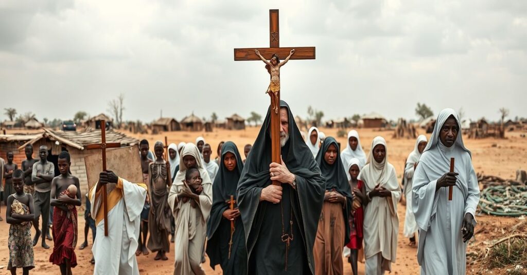 Procesja katolicka w zniszczonej wiosce sudanowej z głodującymi mieszkańcami na tle parowatego krajobrazu