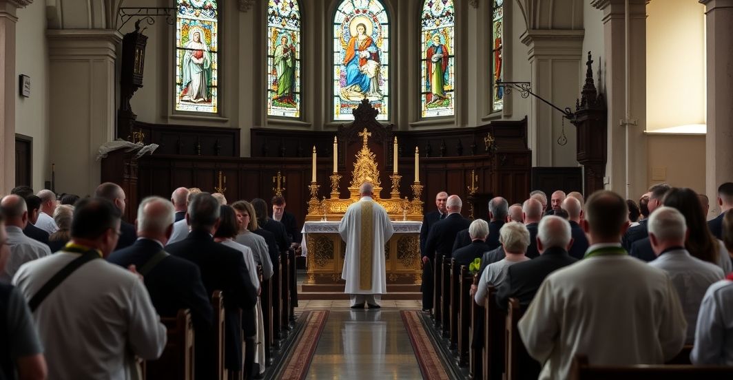Procesja katolicka w tradycyjnym kościele z monstrancją, wierni modlący się, kapłan w tradycyjnych ornatach