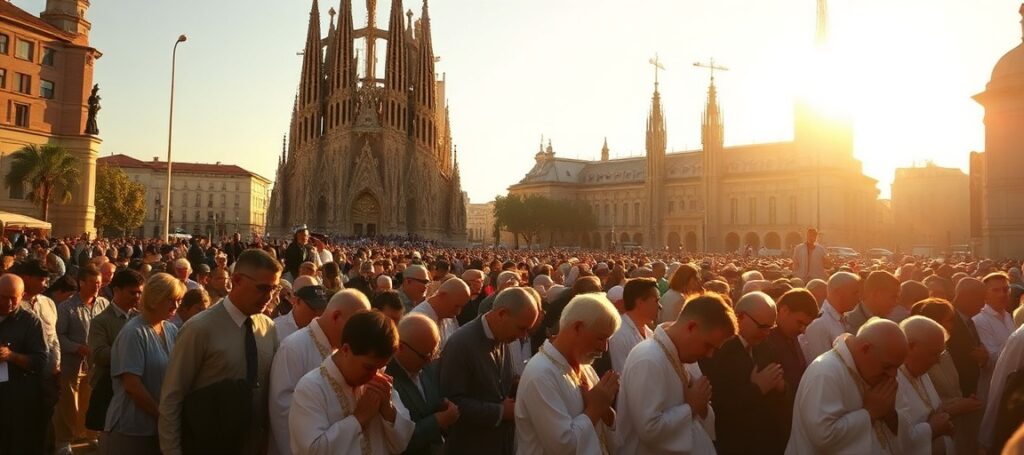 Tradycyjna katolicka procesja w Hiszpanii przed Sagrada Familia