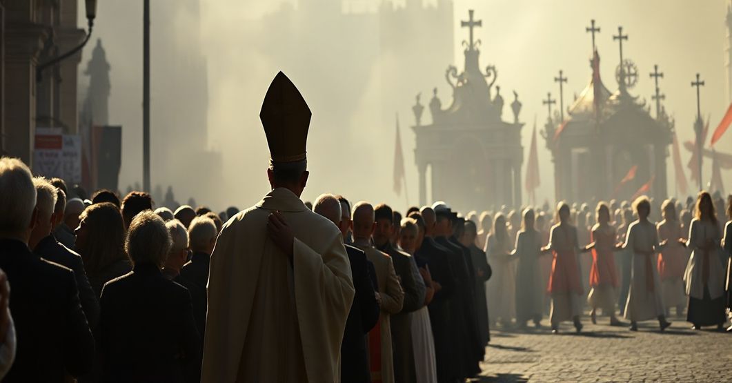 Katolicka procesja pogrzebowa z kapłanem w ornacie i modlącymi się wiernymi na tle Apostazji pogańskiej parady śmierci z kolorowymi ołtarzami i tańczącymi postaciami.