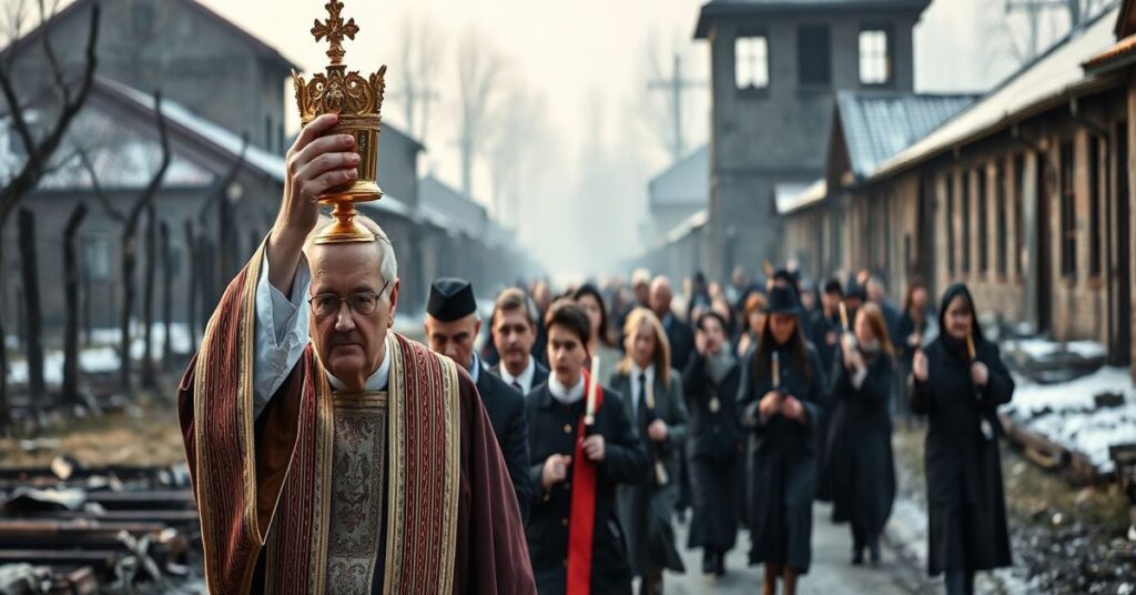Procesja katolicka w Auschwitz-Birkenau z monstrancją i modlącymi się wiernymi.
