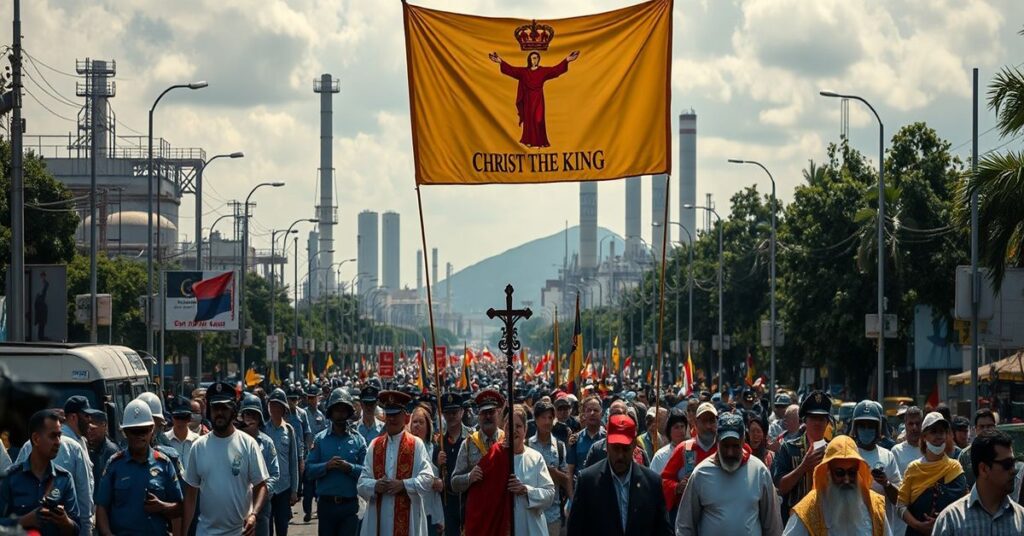 Procesja katolicka w Caracas pod hasłem Chrystusa Króla z wojskiem i rafineriami naftowymi na tle