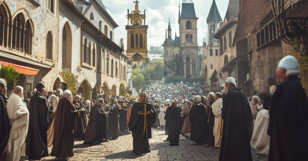 Procesja katolicka w tradycyjnych szatach liturgicznych pod przewodnictwem biskupa z monstrancją na tle średniowiecznych kościołów i brukowanych ulic.