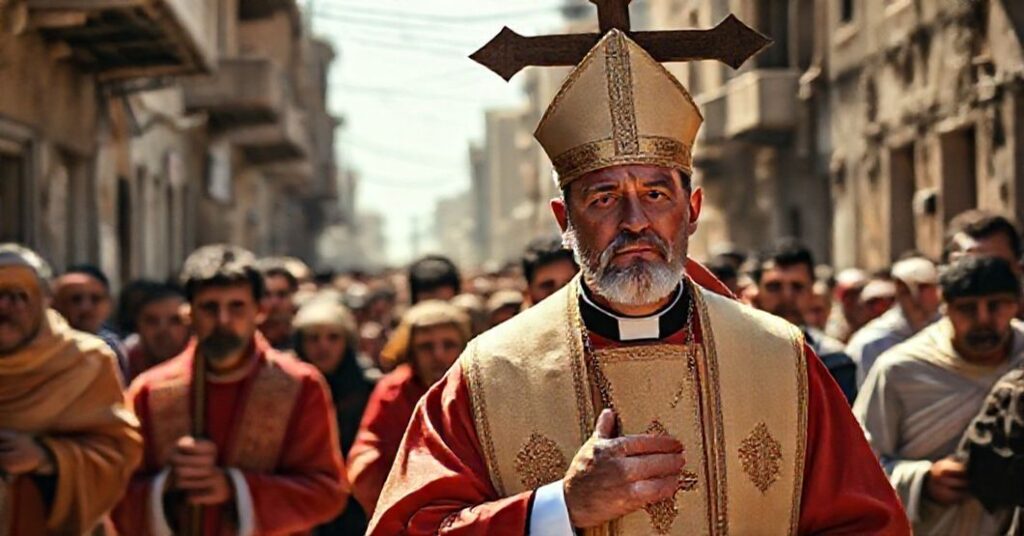 Pielgrzymka katolicka w regionie wojennym na Bliskim Wschodzie - procesja z krzyżem prowadzona przez księdza w stroju liturgicznym.