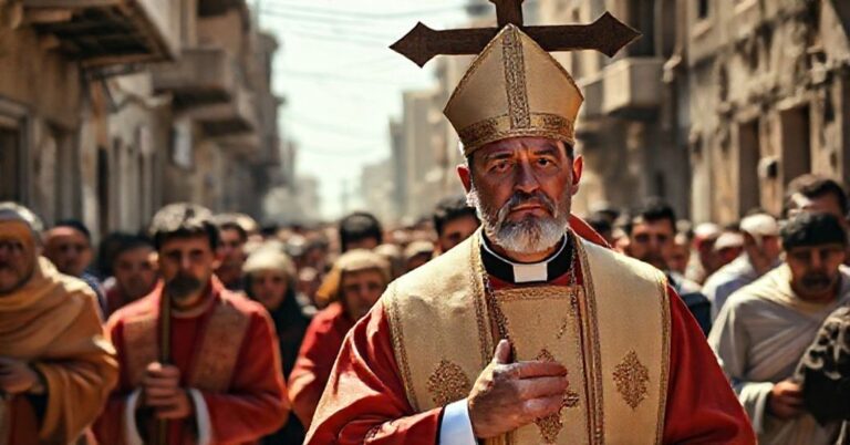 Pielgrzymka katolicka w regionie wojennym na Bliskim Wschodzie - procesja z krzyżem prowadzona przez księdza w stroju liturgicznym.