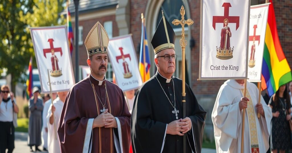 Tradycyjna katolicka procesja w kanadyjskiej miejscowości Didsbury z transparencjami Chrystusa Króla przed budynkiem gminy po usunięciu flag LGBT.