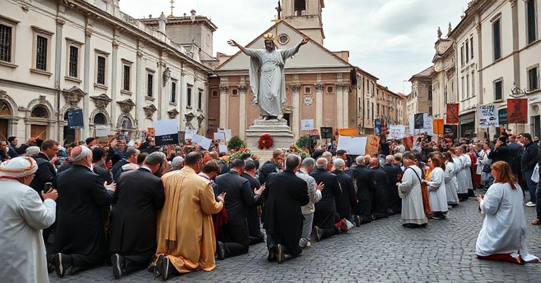Poczet katolicki w Italii modli się podczas strajku generalnego Poczet katolicki w Italii modli się przed statuą Chrystusa Króla, podczas gdy protesty antyizraelskie trwają w tle na brukowanych ulicach.