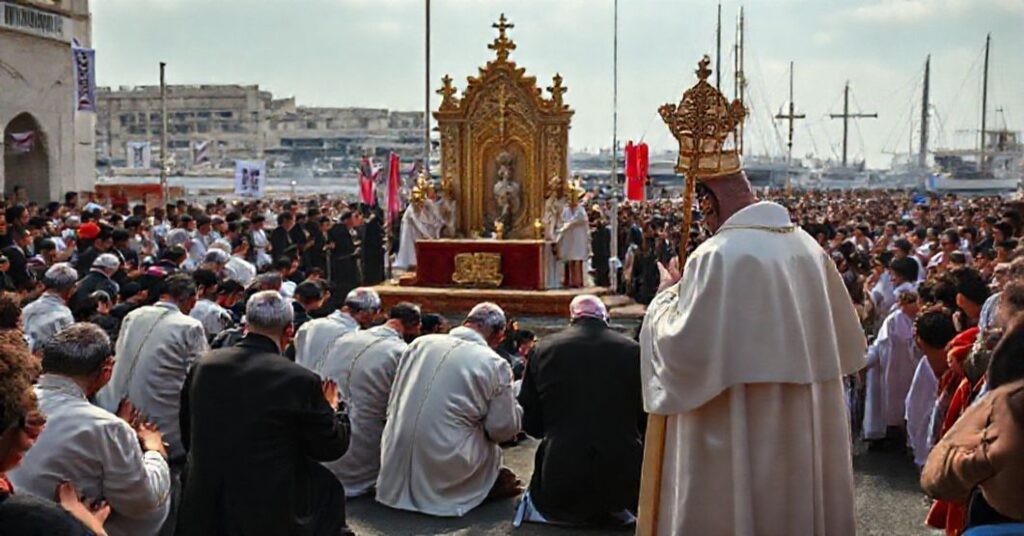 Procesja katolicka w Libanie z modlącymi się wiernymi przed ołtarzem w tradycyjnych szatach kościelnych. W tle widoczny jest port w Bejrucie z tłumem obserwujących